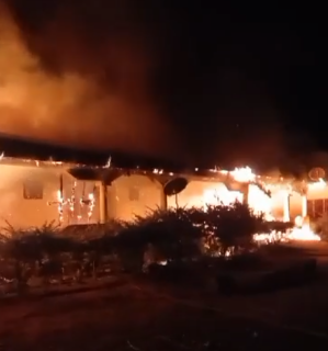 Rectory of St. Raphael’s Catholic Church burning in Fadan Kamantan, Nigeria, on Sept. 7, 2023. 