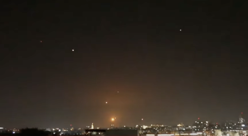 Images of Iranian drones and missiles being shot down over Israel.