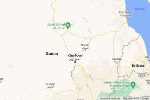 Shendi town in relation to Khartoum, Sudan. 