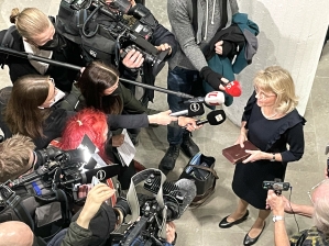 Finnish MP Päivi Räsänen addresses press. 