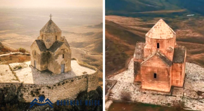 Vankasar Church in Nagorno-Karabakh before (left) and after its cross was removed. The building was also damaged. 