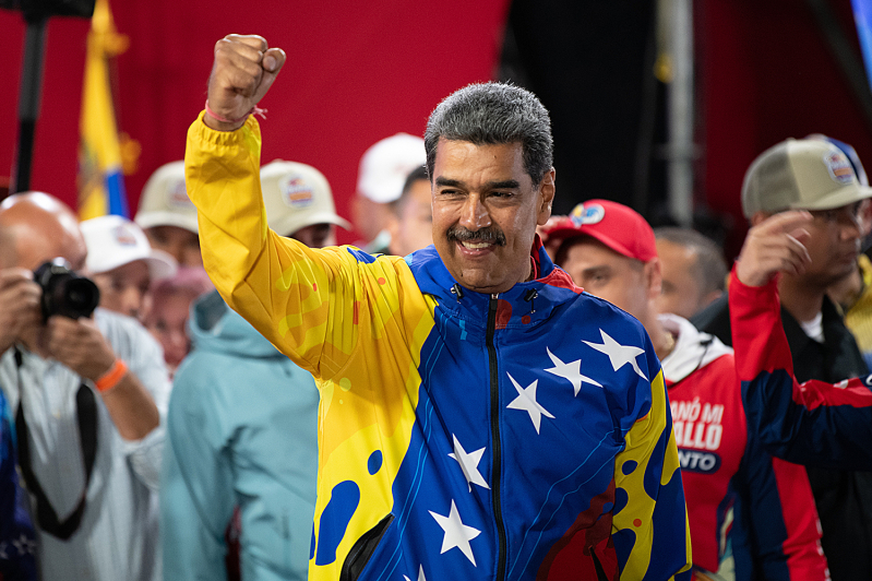 President of Venezuela Nicolas Maduro celebrates after winning the presidential election on at Miraflores Palace July 28, 2024 in Caracas, Venezuela