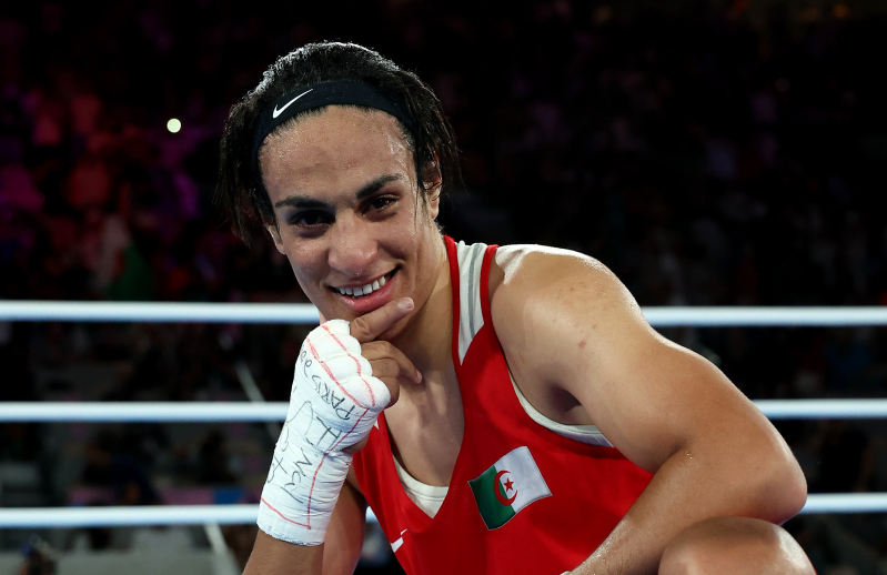 Imane Khelif of Team Algeria poses for a photo after winning the gold medal following the Boxing Women's 66kg Final match at the Olympic Games Paris 2024