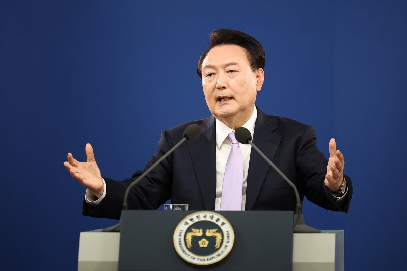 South Korean President Yoon Suk-yeol delivers a speech during a press conference on state affairs at the presidential office on November 07, 2024 in Seoul, South Korea.