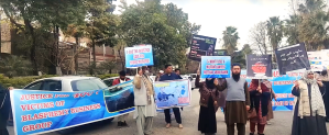 Families of victims of false blasphemy cases protest outside National Press Club in Islamabad, Pakistan on Jan. 10, 2025.