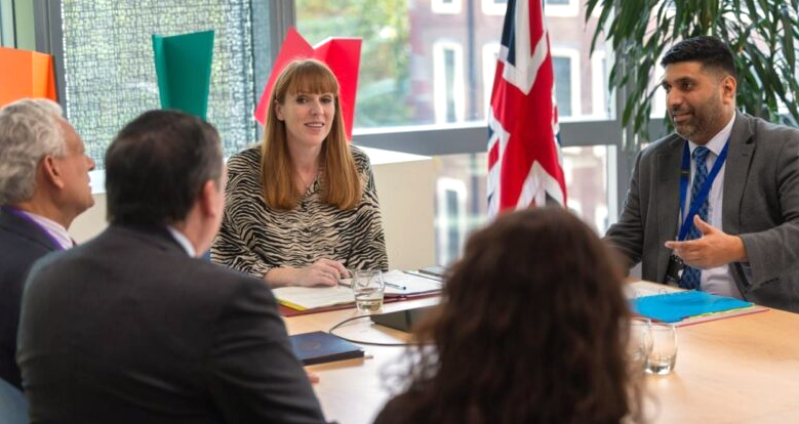 Deputy British Prime Minister Angela Rayner in October 2024 at a meeting with representatives of the Oxford Centre for Islamic Studies alongside Lord Wajid Khan (right).